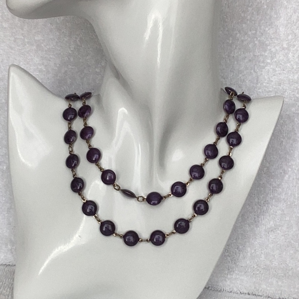 Vintage Purple Disk Necklace , 34 inches long in GoldTone